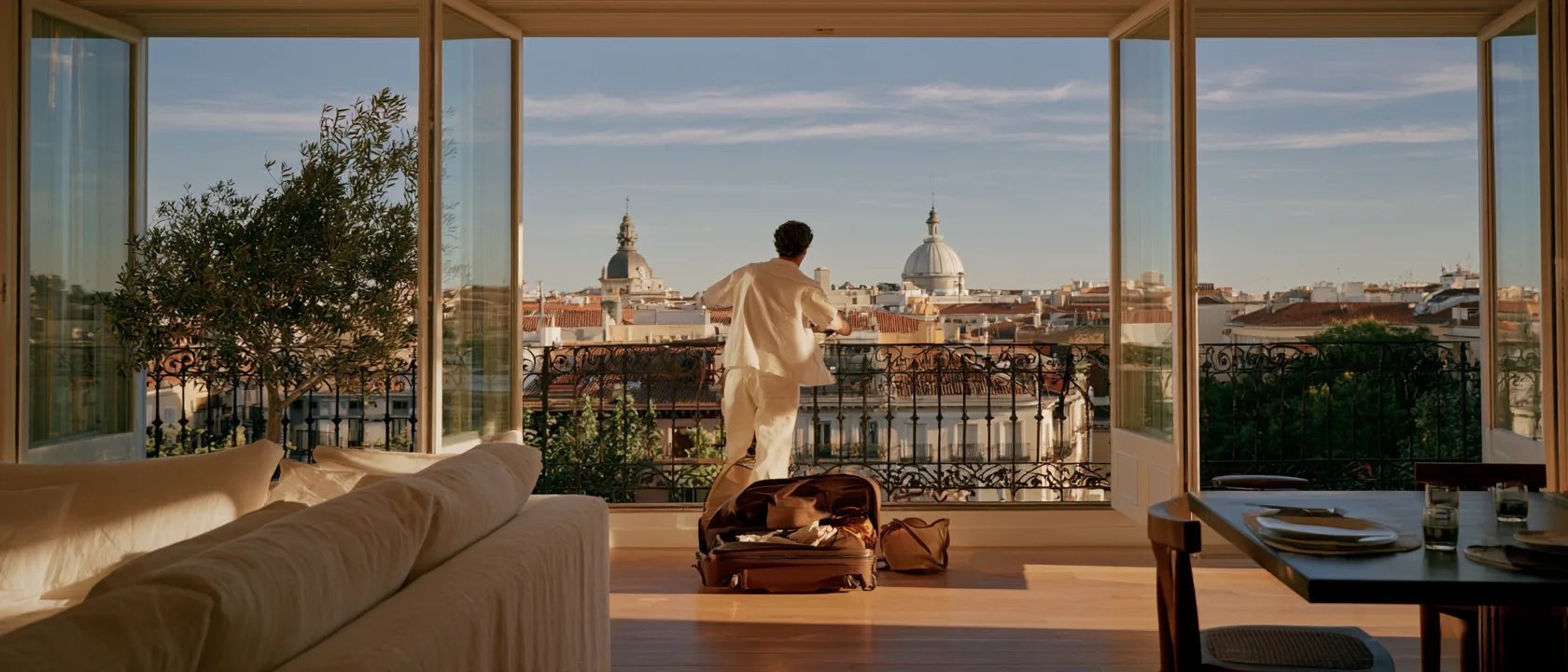 A person unpacking a suitcase in a sunlit furnished apartment, balcony doors open onto the rooftops of Madrid