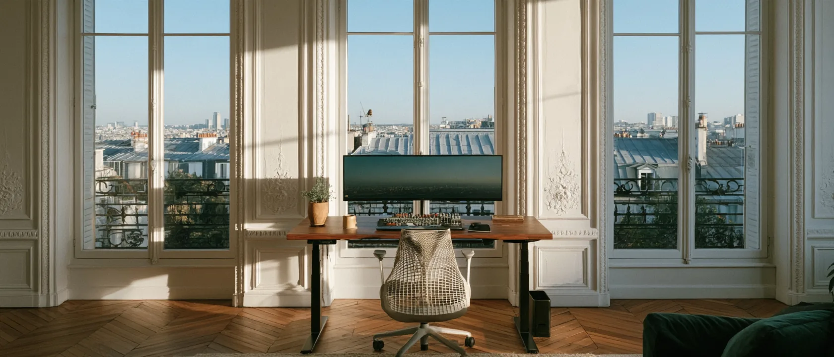 A standing desk with an ultrawide monitor and an ergonomic chair by the tall windows of a Parisian apartment