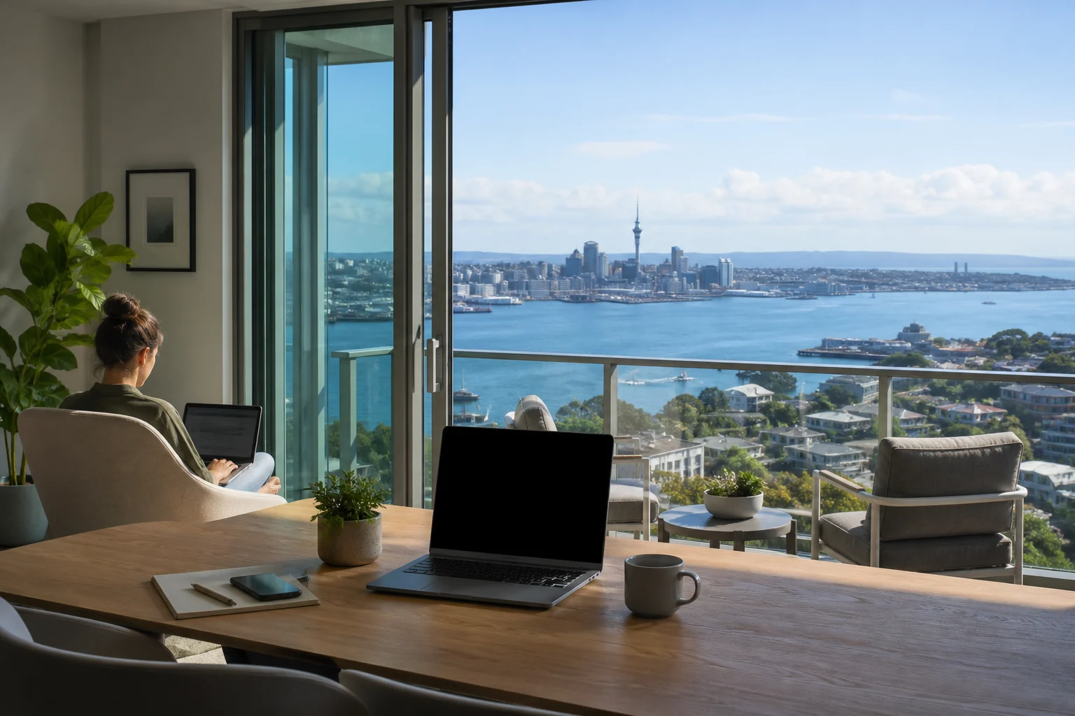 Remote work setup in a furnished Auckland apartment with New Zealand harbour views