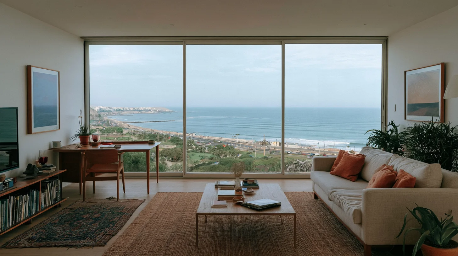 Furnished apartment in Miraflores, Lima, with a desk by the window and a view over the Pacific