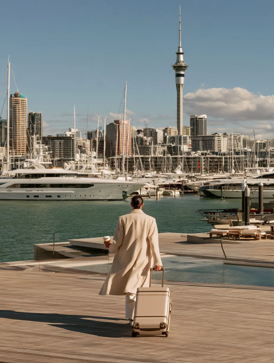 A person wheeling a suitcase along Auckland's Viaduct Harbour