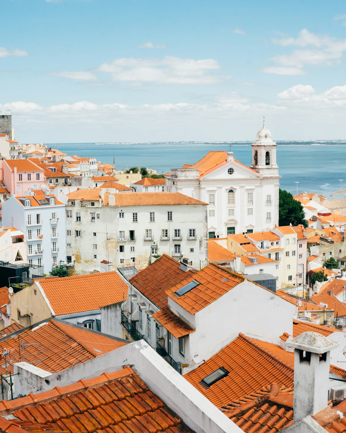 Colorful buildings and rooftops in Lisbon Alfama district at sunset