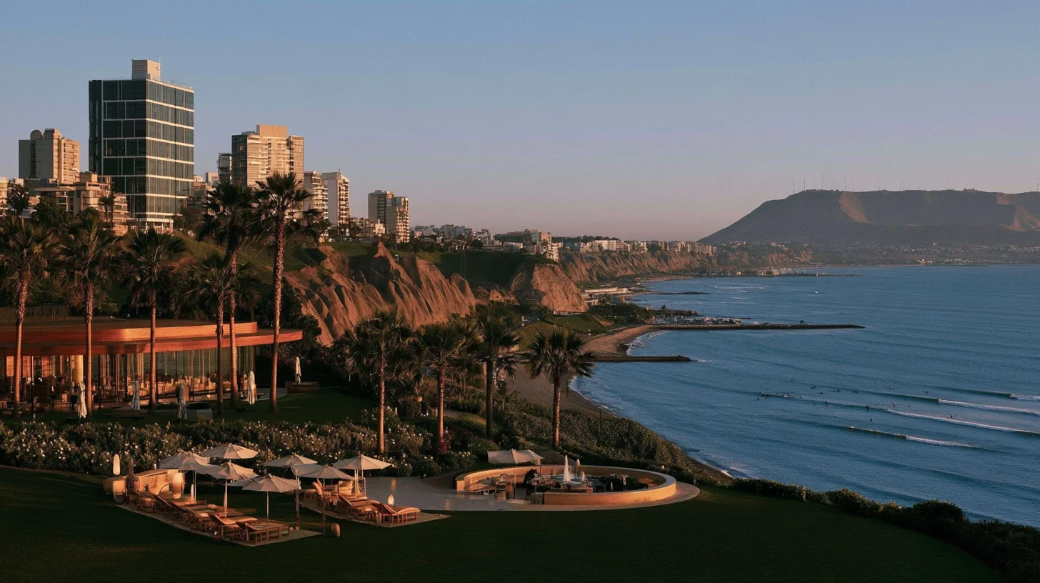 The Miraflores cliffs and the Costa Verde coastline in Lima at sunset