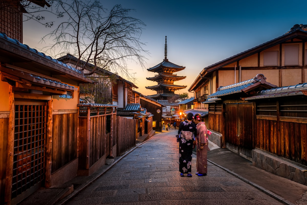 Traditional Japanese street with lanterns and wooden buildings