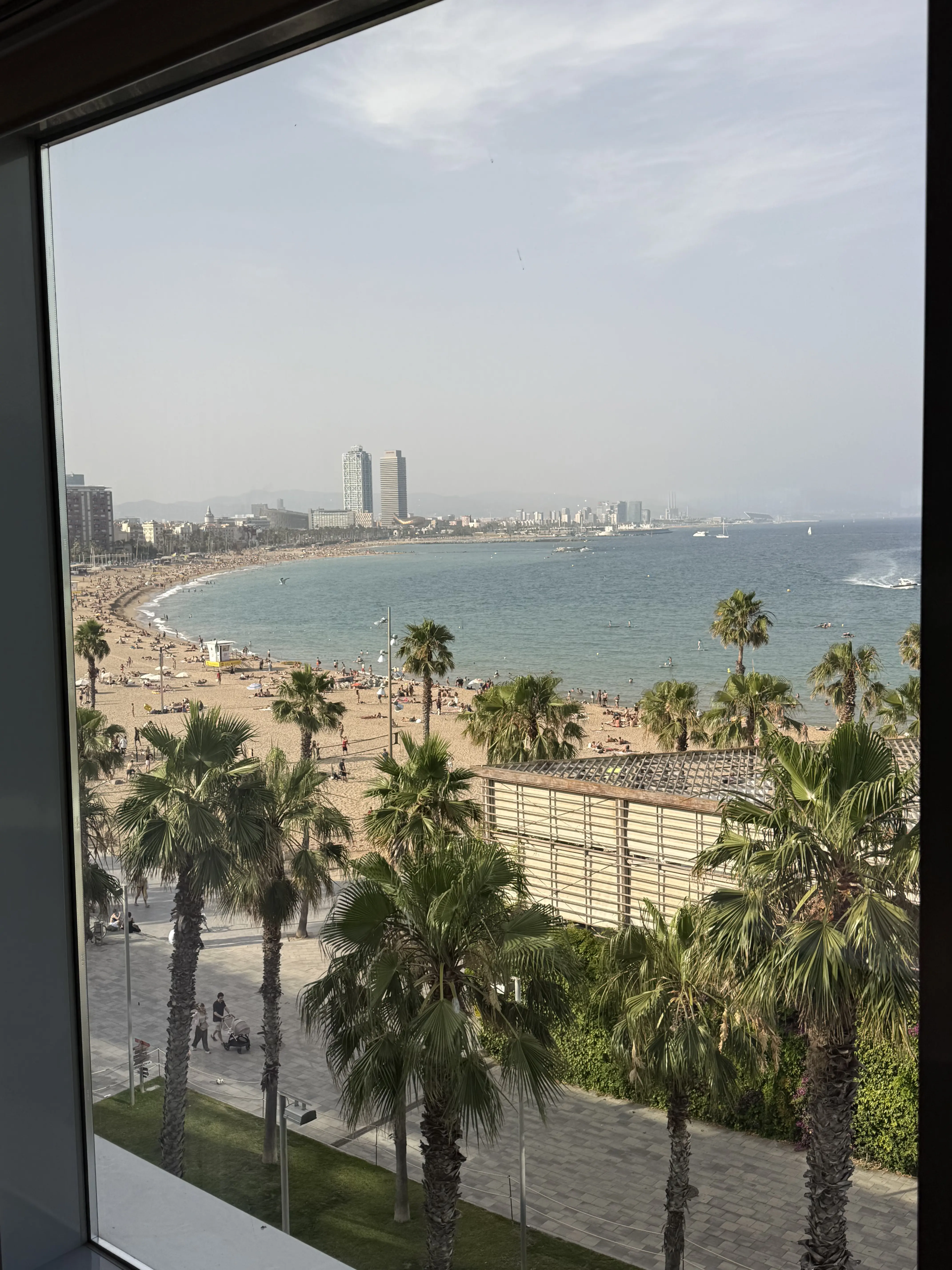 View of Barceloneta beach and Mediterranean from inside Norrsken House Barcelona