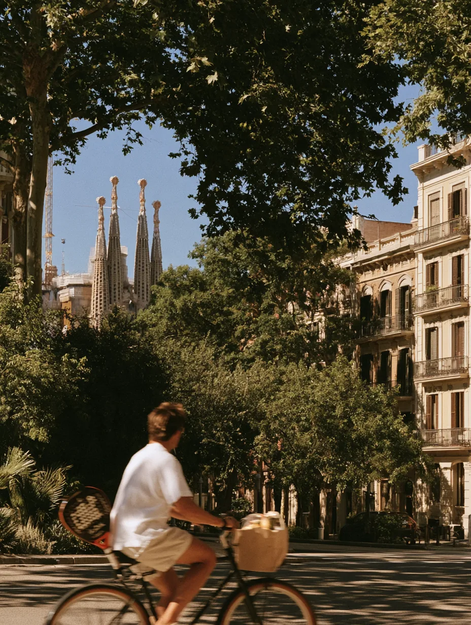 A person cycling down a Barcelona street toward the Sagrada Familia