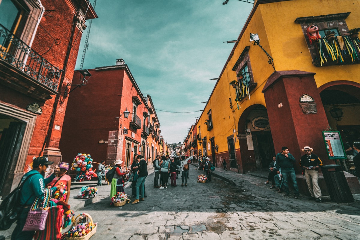 Colorful street in a Mexican town with colonial architecture