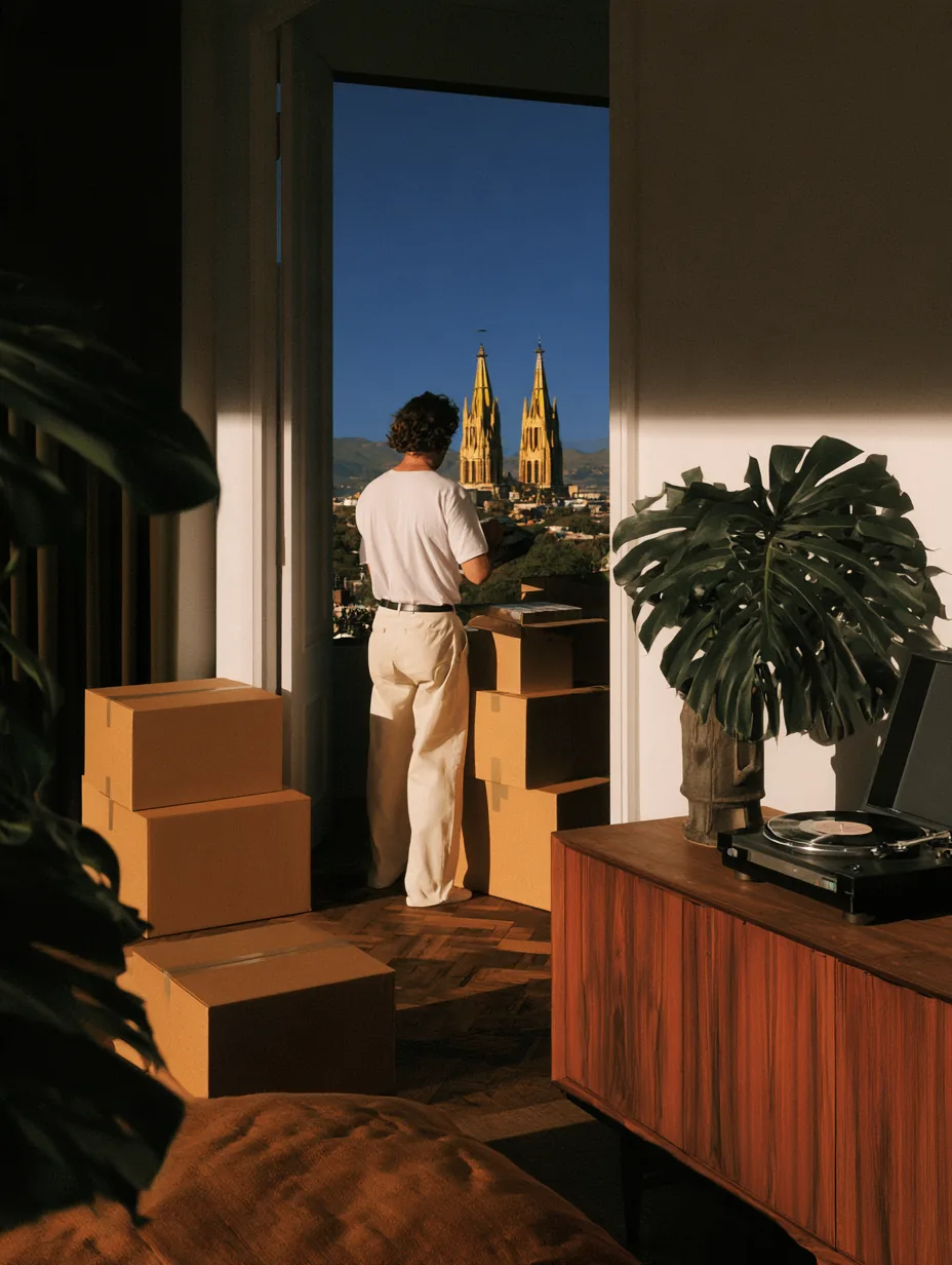 A person packing moving boxes in a furnished Guadalajara apartment
