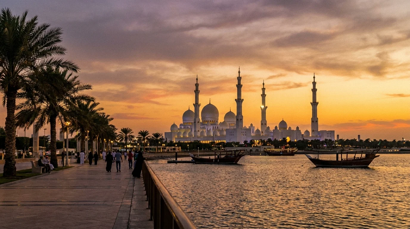 Abu Dhabi Corniche waterfront and Sheikh Zayed Grand Mosque skyline at dusk