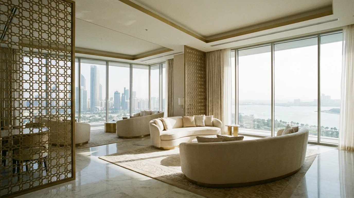 Luxury furnished apartment in Abu Dhabi with modern Arabic design and panoramic views