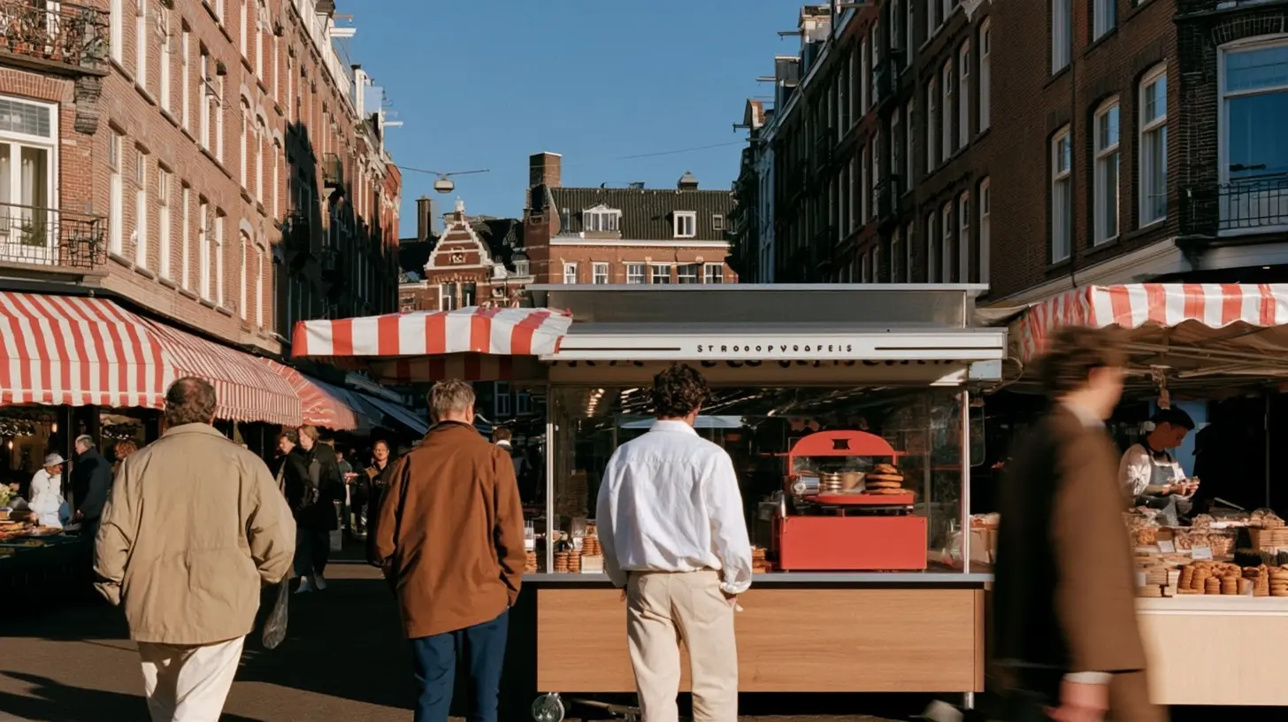 A stroopwafel stall with striped awnings at the Albert Cuyp Market in De Pijp, Amsterdam