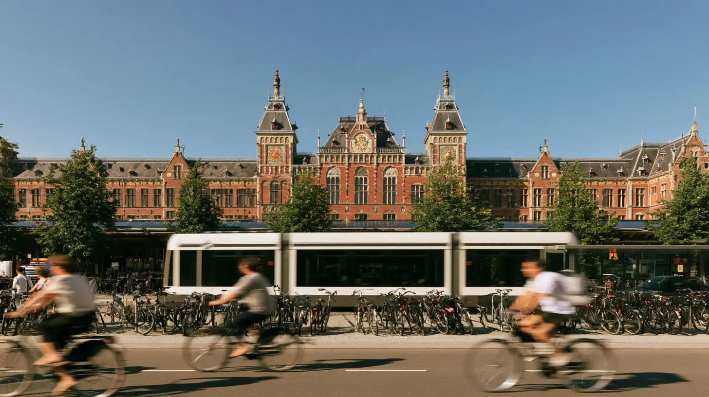A GVB tram and cyclists passing in front of Amsterdam Centraal Station