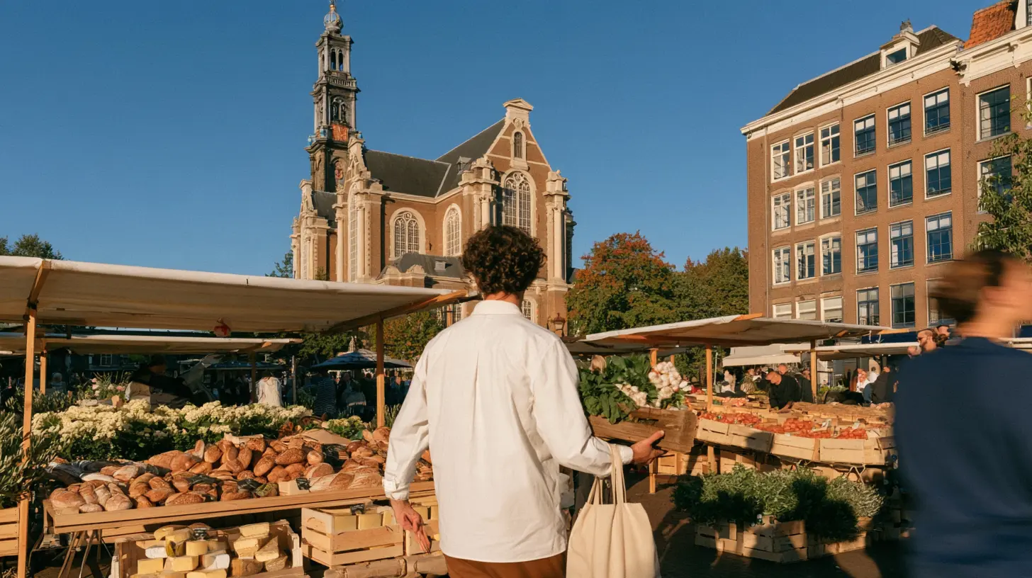 Bread, cheese and flower stalls at a Saturday market in the Jordaan, Amsterdam, with a church tower behind