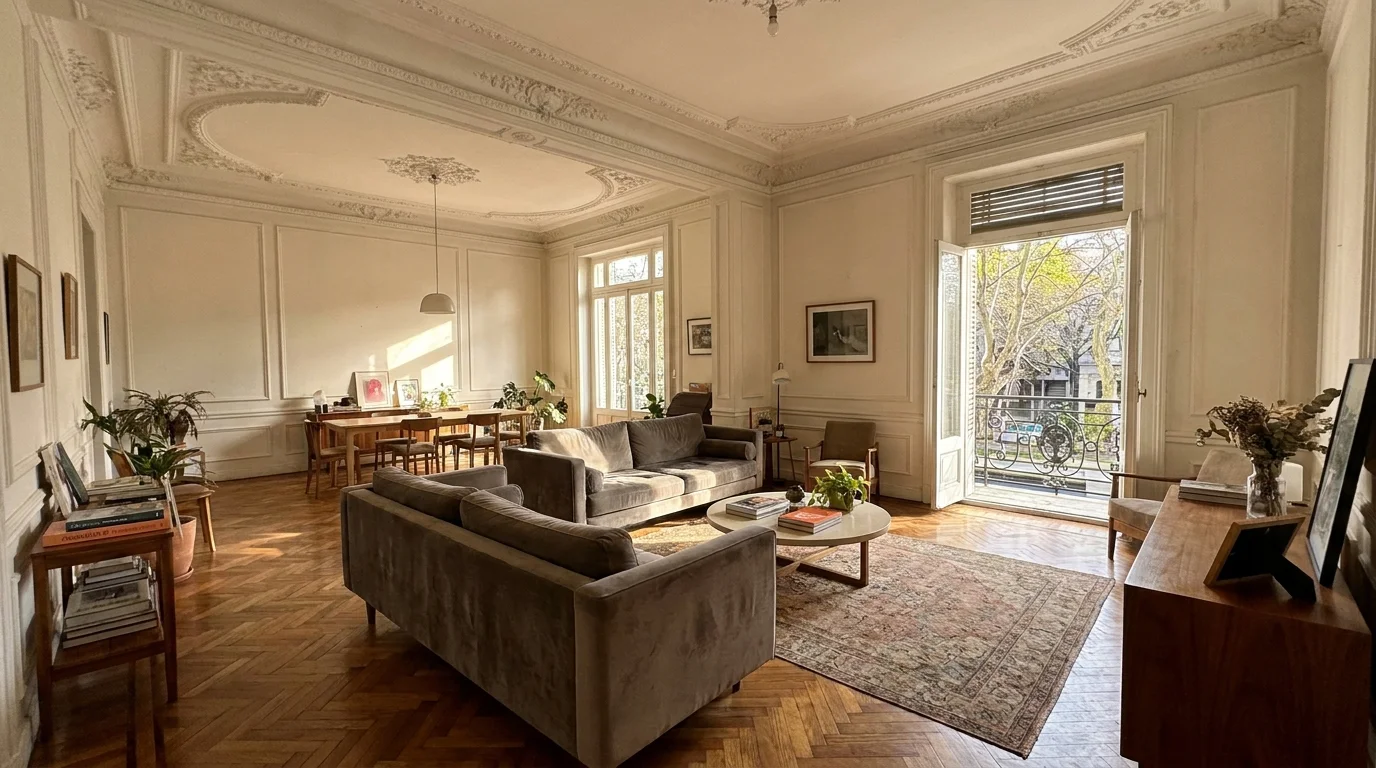 Furnished apartment Buenos Aires with high ceilings, ornate moldings and modern furnishings