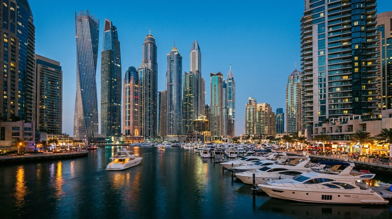Dubai Marina skyline at blue hour with modern skyscrapers reflected in water