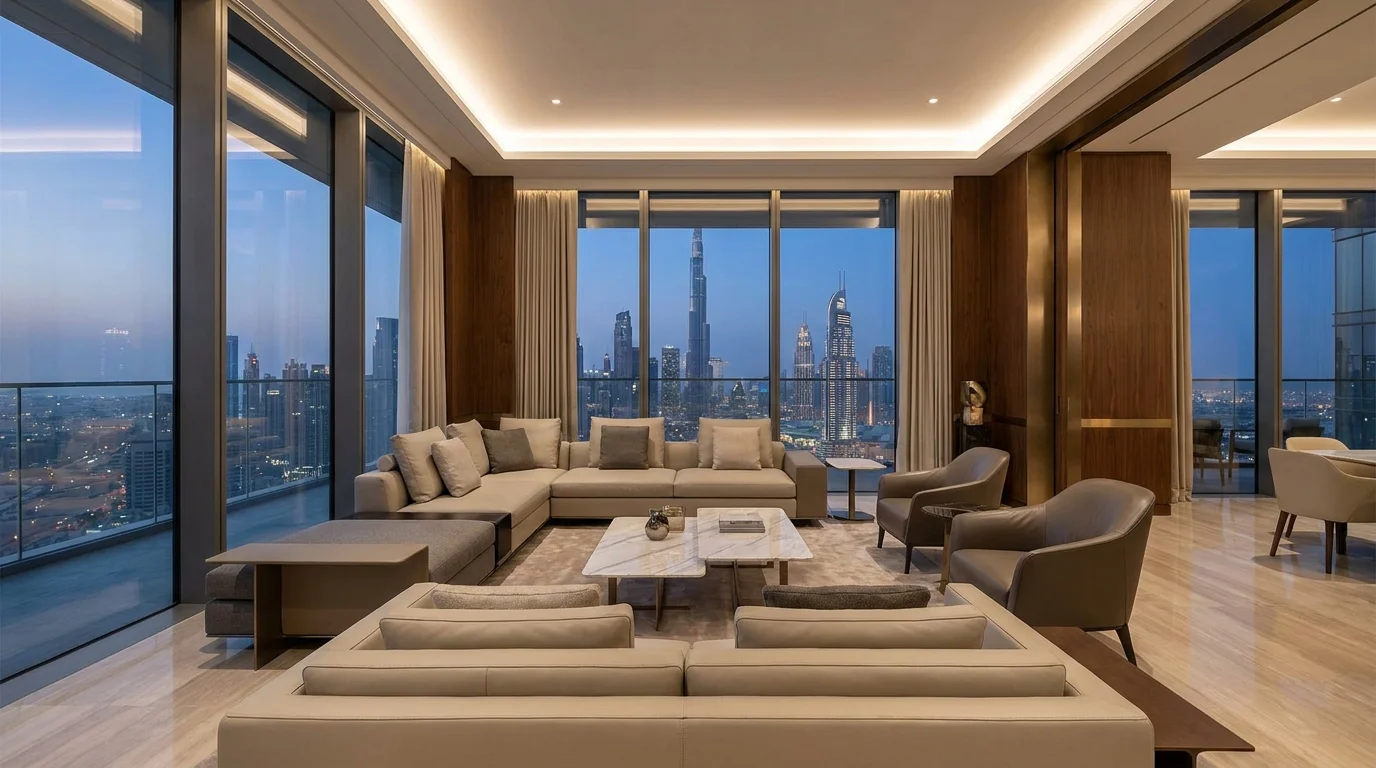 Luxury furnished apartment in Dubai with floor-to-ceiling windows and city skyline view