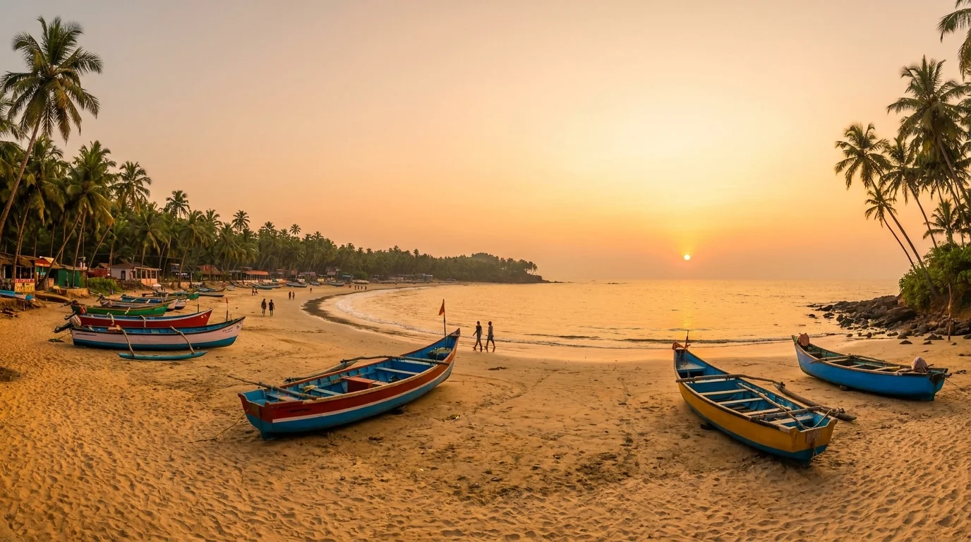 Goa Palolem beach at sunset with golden sand, palm trees and colorful fishing boats