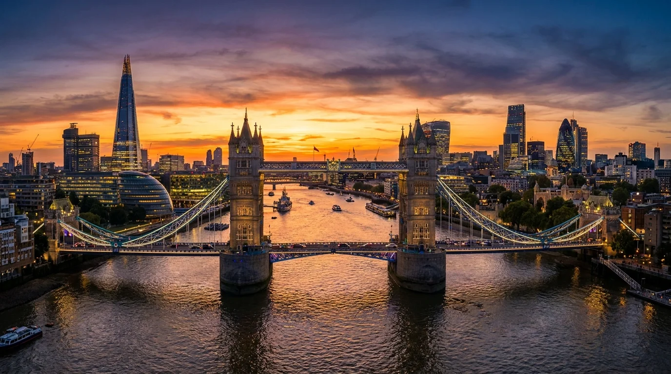 London cityscape with Tower Bridge and the Thames at golden hour