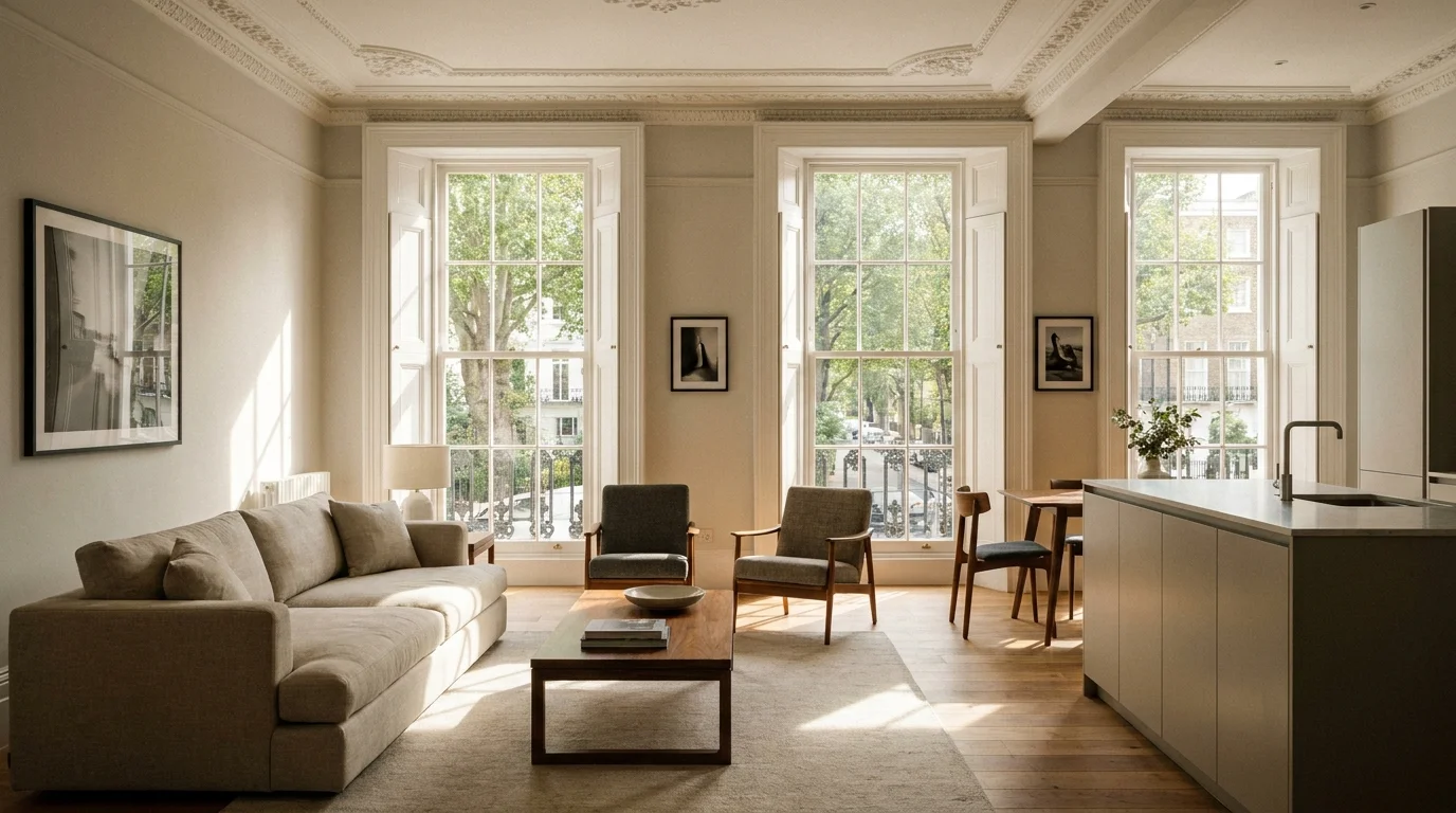 Elegant furnished apartment interior in London with period features and modern furnishings