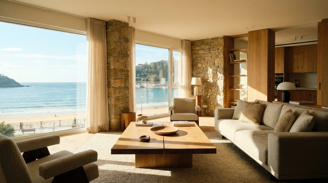 Furnished apartment interior in San Sebastián with sea view and elegant Basque design