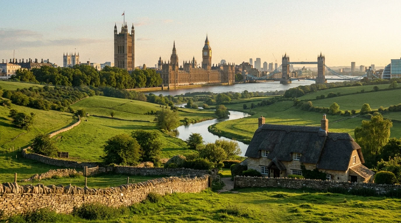 UK cityscape with historic architecture and modern skyline