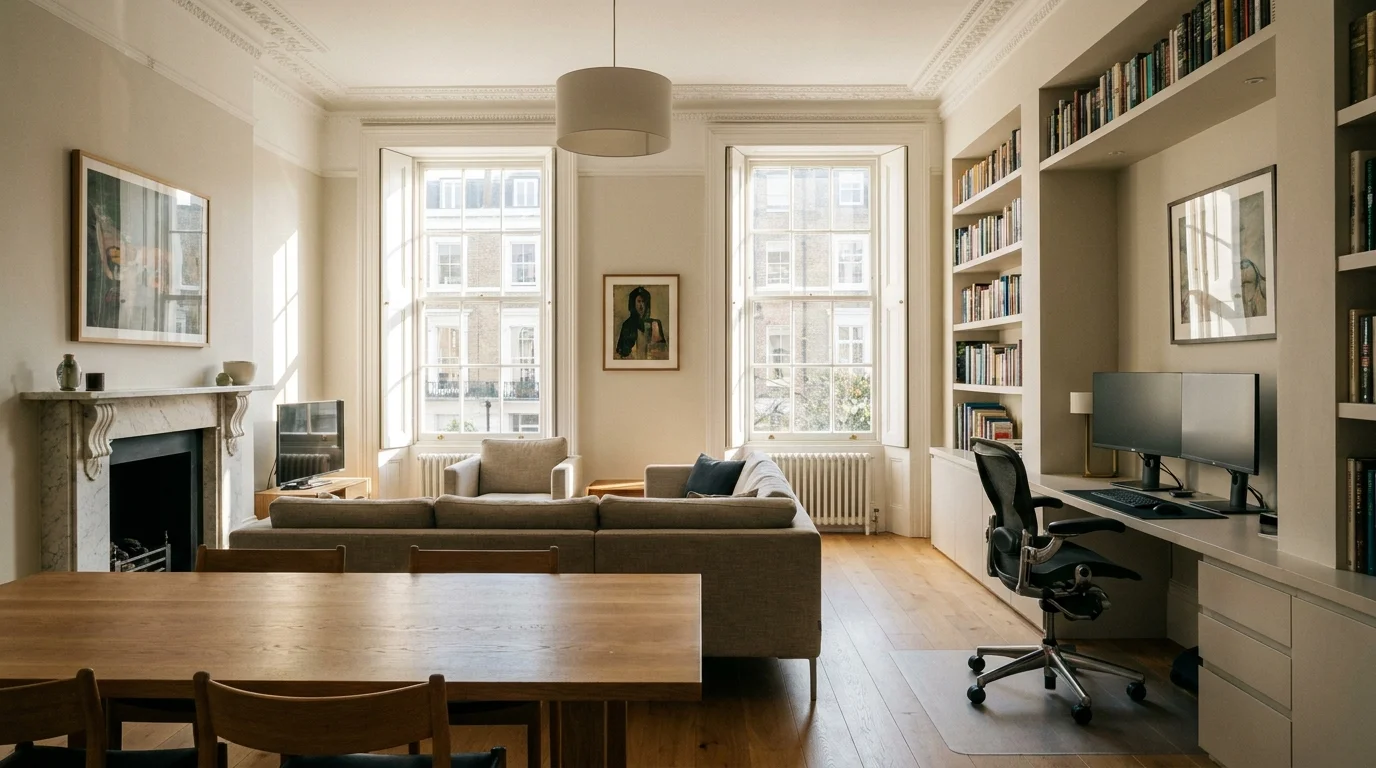 Furnished apartment interior in the UK with period features and contemporary furnishings