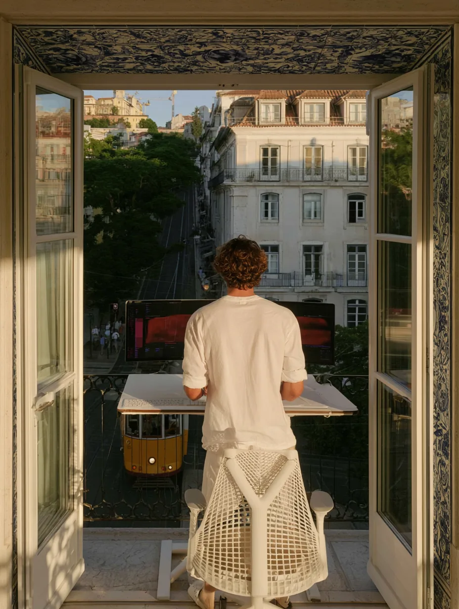 A person at a standing desk by an open balcony door in a Lisbon apartment
