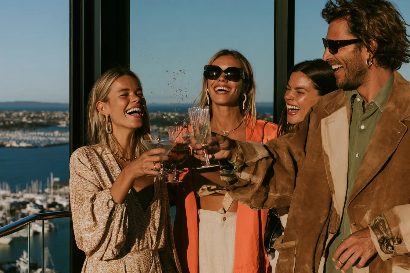 Lifestyle scene in Auckland with harbour views, city skyline, and a remote worker enjoying the waterfront