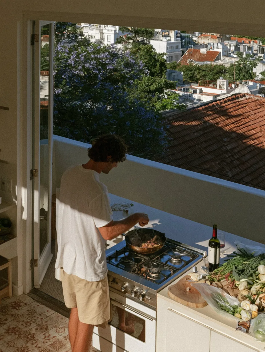 A person cooking in a Buenos Aires apartment kitchen